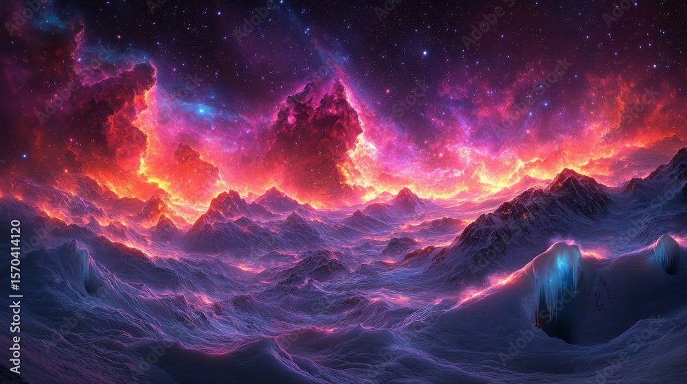 Cosmic fiery mountains ablaze with starlight. Cosmic fiery mountains ablaze with starlight.