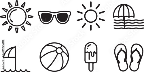 Summer Vacation Icon Set – Sunglasses, Ice Cream, Beach Ball

