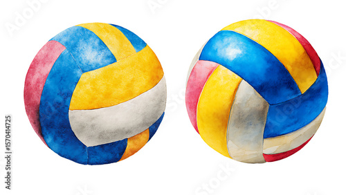 Two watercolor volleyballs. The volleyballs are colorful with blue, yellow, and red panels.