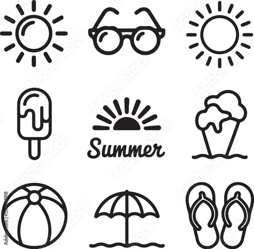 Summer Vacation Icon Set – Sunglasses, Ice Cream, Beach Ball


