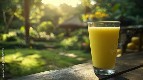 Yellow smoothie in glass outdoor setting sunlight healthy drink