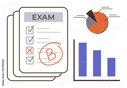 Exam sheets with marked answers and B grade alongside a pie chart and bar graph. Ideal for education, performance analysis, test scores, data presentation, statistics, assessment overview, simple