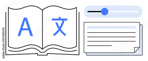 Open book with multilingual characters, text note cards, and an adjustable settings slider. Ideal for education, translation, learning, customization, communication reading technology. Simple flat