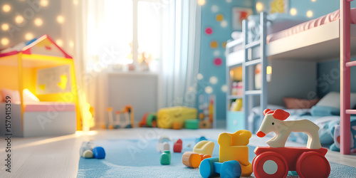 Bright Children’s Room Interior with Toys and Bunk Bed