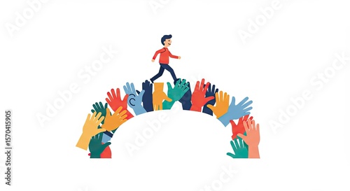 Man walks on bridge made of raised hands in a colorful vector design