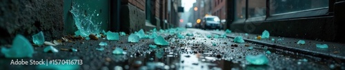 Shattered Window Crime Scene Investigation - Close-up of broken glass, evidence markers, and the aftermath of a violent act.  Illustrates vandalism, consequence, and forensic detail.