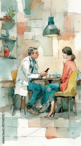 Watercolor image depicts doctor consulting with female patient
