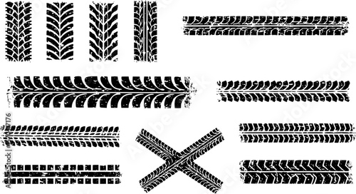 Tire tracks after skidding, launch, drift, powerslide in motorsport, rally, off-road, motocross. Wheel texture with splash effect. Vector, EPS 10 version.