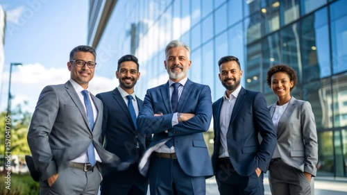 Diverse executive team stands united against a modern corporate backdrop