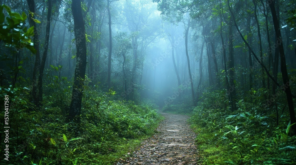 Obraz premium In the misty forest, dense trees stand quietly, while mist lingers in the air, evoking a peaceful, tranquil mood.