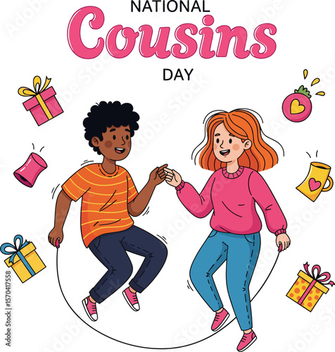 Cartoon Cousins Jumping Rope, Holding Hands, Celebrating National Cousins Day