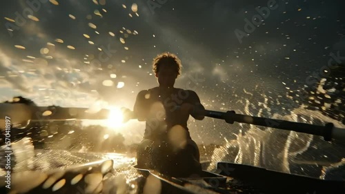 Male rower training on the water at sunset with dramatic splashes.