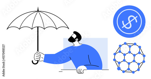Man holding umbrella as a metaphor for protection, near a dollar sign and network graphic. Ideal for finance, insurance, investment, risk management, safety, stability and connectivity. Simple flat