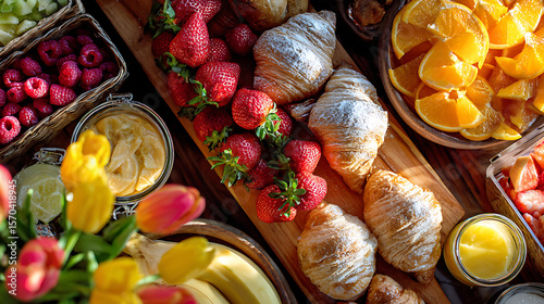 Fresh continental breakfast with neatly arranged ingredients. A wholesome morning spread to start the day.