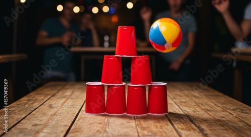 Beer Pong Pyramid Game - Red plastic cups stacked in a pyramid formation, with a beach ball in mid-air, suggesting a game of beer pong. Blurred background shows people at a party