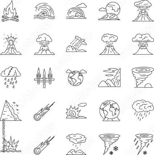 Natural Disaster Icons Volcanoes, Tornadoes, Meteor Showers, Earthquakes, and More - Line Art Collection