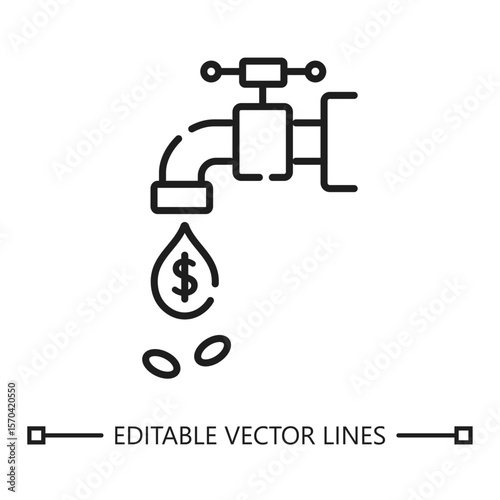 Cash flow icon. Money leaking from a faucet symbolizes wasted funds, ideal for financial concepts, business cost cutting, and budget management visuals.