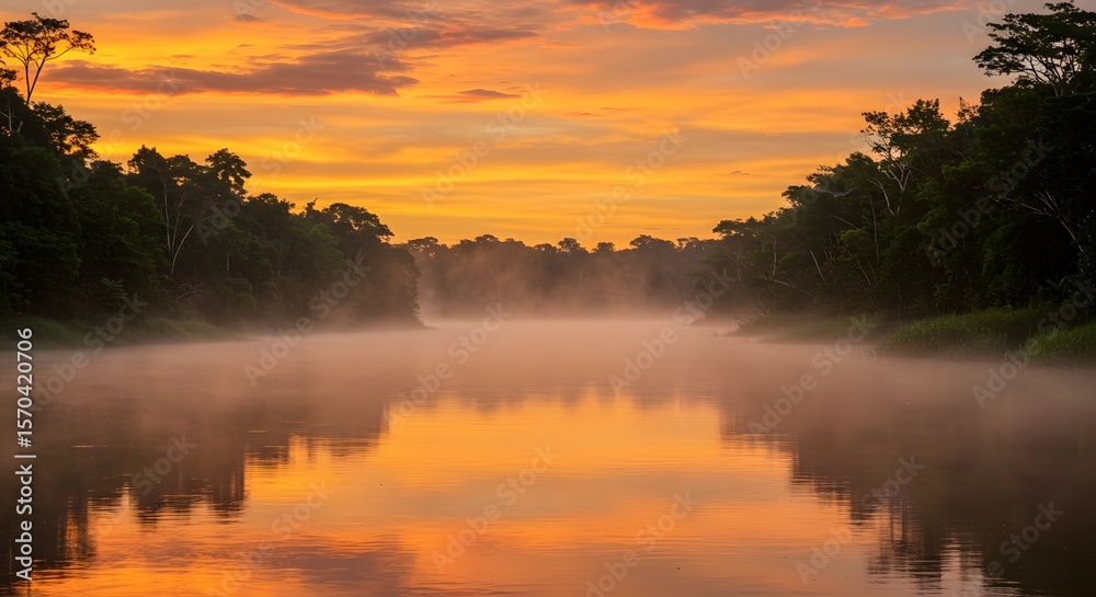 Obraz premium A majestic Amazon river at sunrise mist over lush green banks