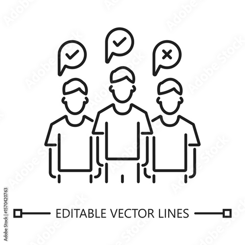Team meeting icon. Team meeting icon with three people discussing, showing agreement and dissent with speech bubbles. Suitable for business presentations and infographics.