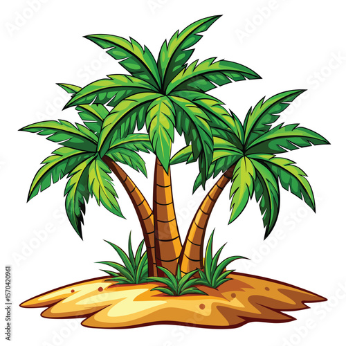 Tropical island with three palm trees and lush green foliage silhouette