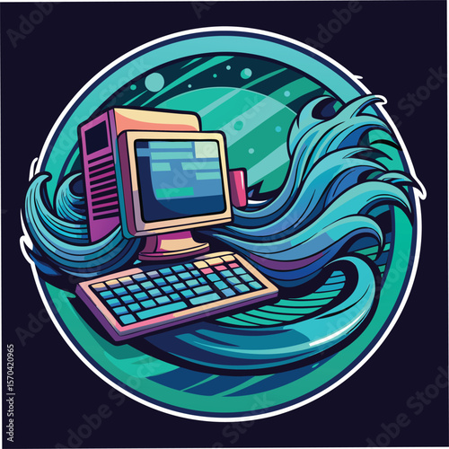 Retro computer surrounded by flowing teal and blue waves silhouette