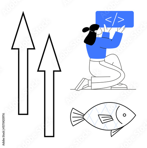 Female developer holding code panel icon, two sharp upward arrows, and a simple fish sketch. Ideal for technology, growth, creativity, coding, progression, environment and simple landing page