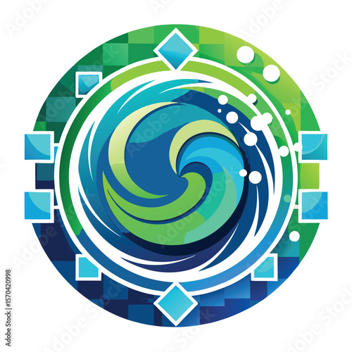 Abstract circular wave design with geometric elements and bubbles silhouette