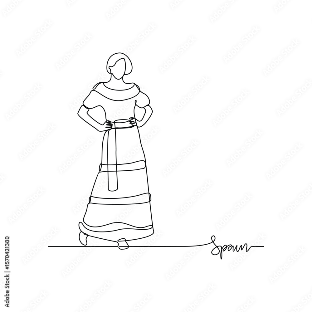 Fototapeta premium One continuous line drawing of Spain signature themes design vector illustration. Spain national clothes in simple linear style vector design concept. Good design for tourism and travel campaign.