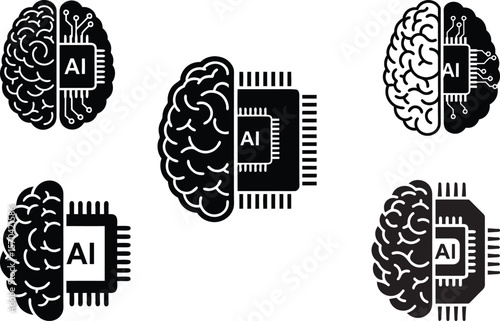 Artificial Intelligence Brain: AI Chip & Machine Learning Concept Digital Brain with Circuit Board: AI Technology and Innovation