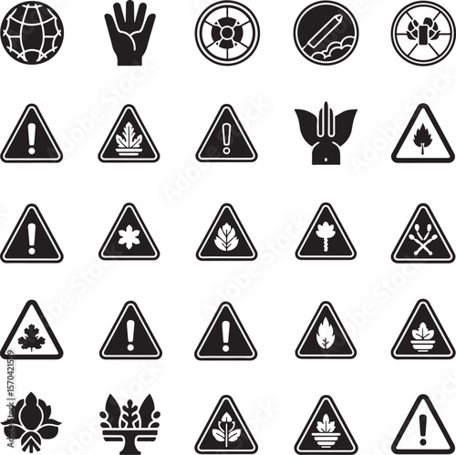 Collection of 28 Triangular Warning Signs and Symbols Safety, Nature, and Caution Icons