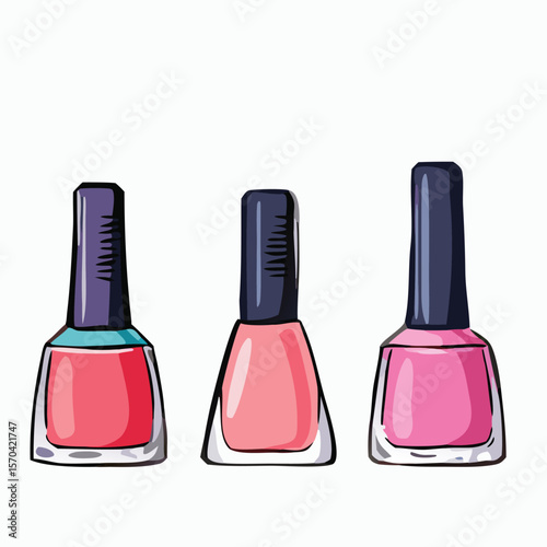 Three bottles nail polish pink coral blue cosmetic beauty