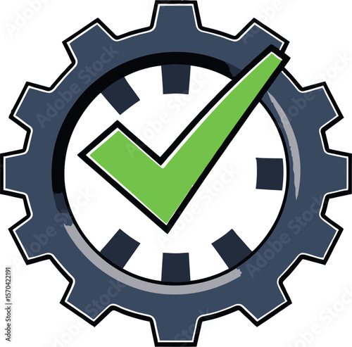 Vector logo design A gear with a checkmark, symbolizing technical specifications conformity.