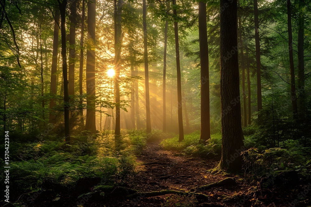 Obraz premium Serene forest pathway at sunrise: majestic trees illuminated by golden sunlight and misty atmosphere