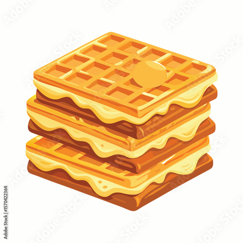 Stacked golden waffles with melting butter and cream breakfast