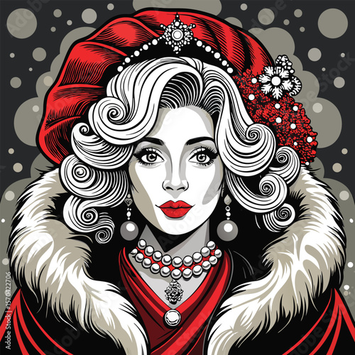 Elegant woman with red hat and fur collar silhouette