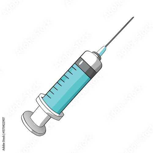 Blue liquid filled syringe with needle and markings medical health