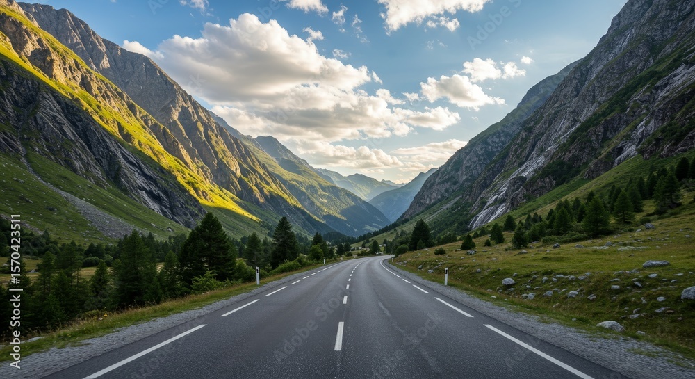 Naklejka premium Mountain Road Summer Highway Landscape - Scenic summer highway journey through majestic mountains, symbolizing adventure, freedom, exploration, nature, and tranquility