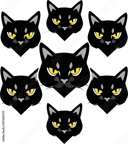 A logo depicting a set of black cat faces, each with sly expressions