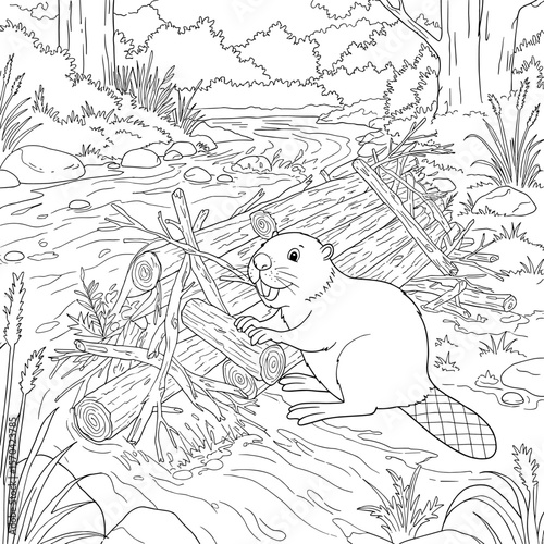 A cartoon beaver carefully adds branches to its dam in a flowing forest stream, surrounded by trees, rocks, and plants in a peaceful natural setting.