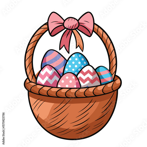 Festive easter eggs in woven basket with pink bow vector