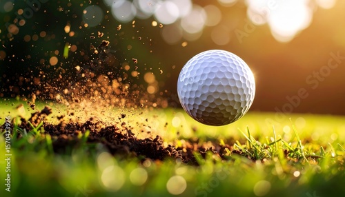 Golf ball soaring through the air hitting the hole surrounded by flying dirt and grass in an exciting golf moment