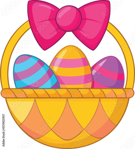 Festive easter basket with colorful striped eggs and pink bow vector