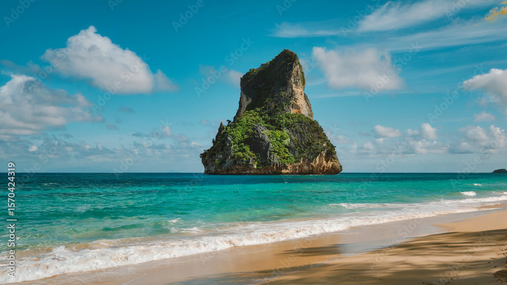 Majestic green jungle covered limestone karst island rises from turquoise tropical ocean waters with white sand beach and gentle waves under a bright blue sky with scattered clouds Majestic green jungle covered limestone karst island rises from turquoise tropical ocean waters with white sand beach and gentle waves under a bright blue sky with scattered clouds