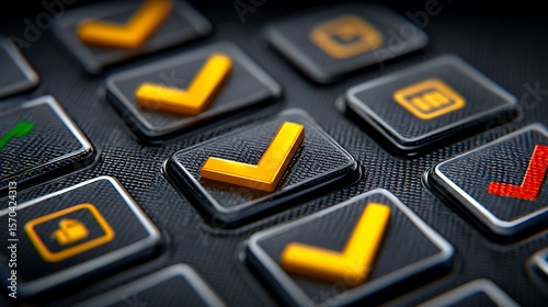 Approval and Acceptance:  A close-up, meticulously crafted image of a button featuring a bold check mark, indicating validation, acceptance, and affirmation.