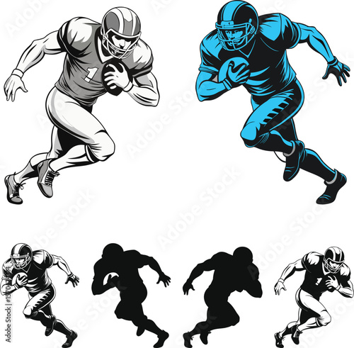 American football player running with ball action poses grayscale and cyan silhouettes