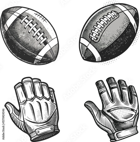 American football illustration two balls and two gloves