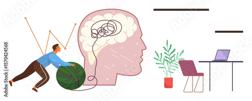 Man pushing yarn ball untangling complex brain threads, symbolizing problem-solving, focus. Ideal for mindfulness, mental health, work balance, stress management, self-improvement, creativity