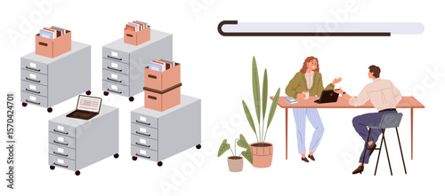 Filing cabinets and boxes suggest paperwork, contrasted with a digital laptop two coworkers discussing tasks at the desk with indoor plants beside. Ideal for teamwork, workplace efficiency, digital