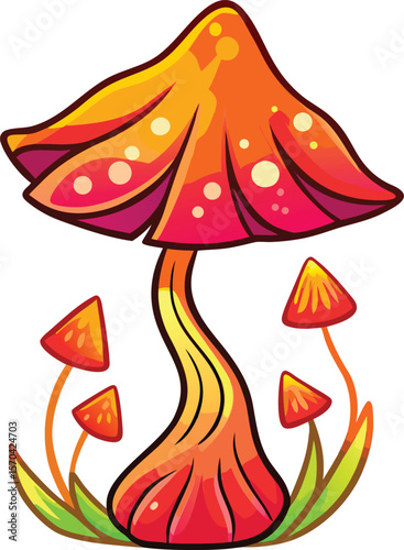 Vibrant fantasy mushrooms with glowing spots and wavy stems vector