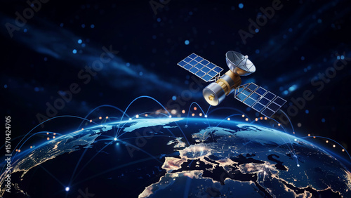 Advanced communication satellite orbiting earth at night connecting global networks with glowing lines and digital data streams